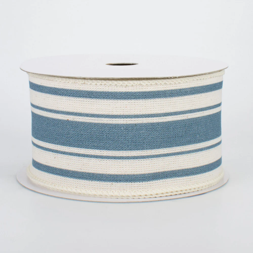💙 Farmhouse Cornflower Blue and Cream Stripe Ribbon 2.5" x 10 yards