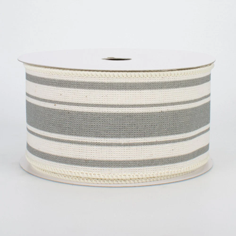 Farmhouse Cool Grey and Cream Stripe Ribbon 2.5" x 10 yards