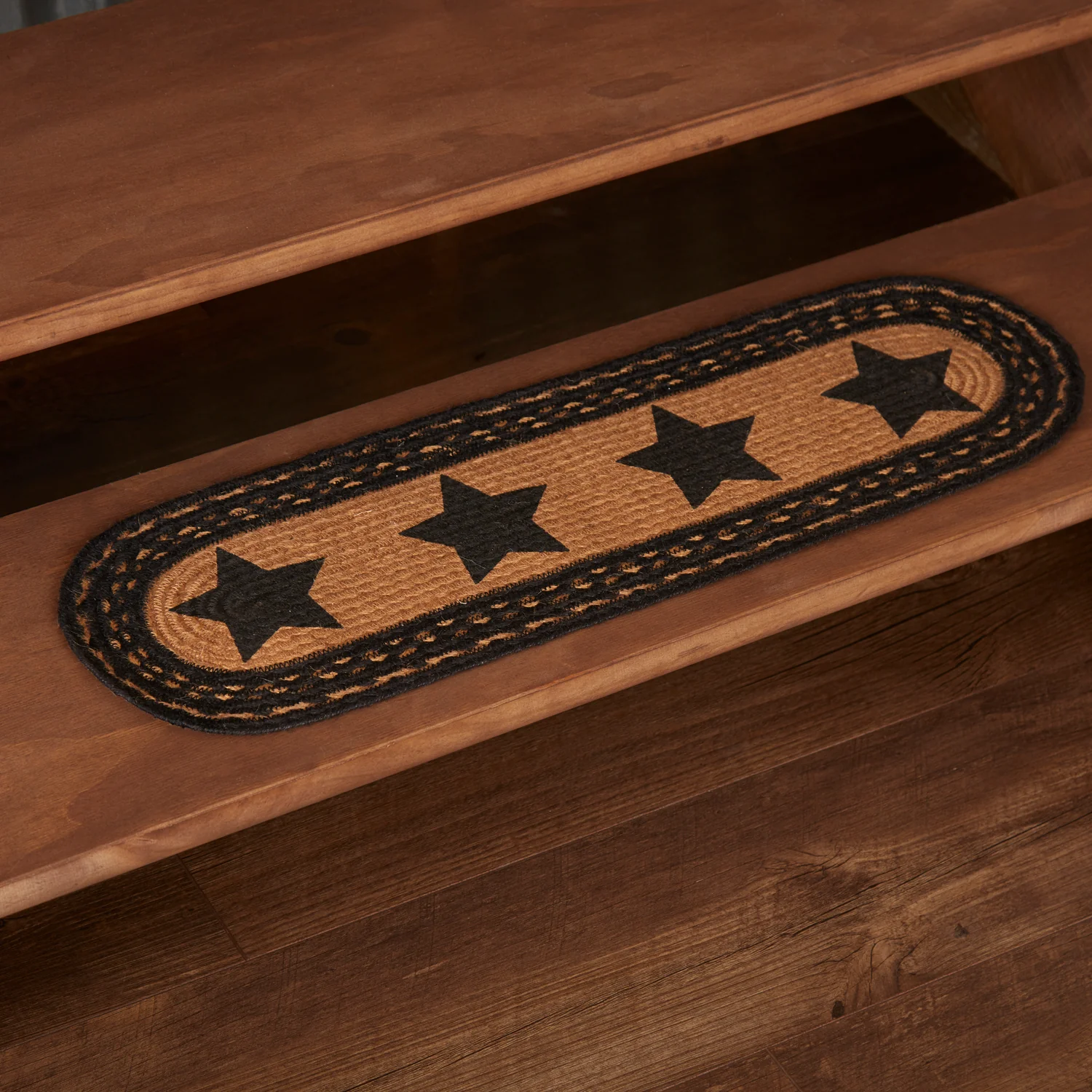 Farmhouse Stencil Stars Jute Oval Stair Tread 8.5" x 27"