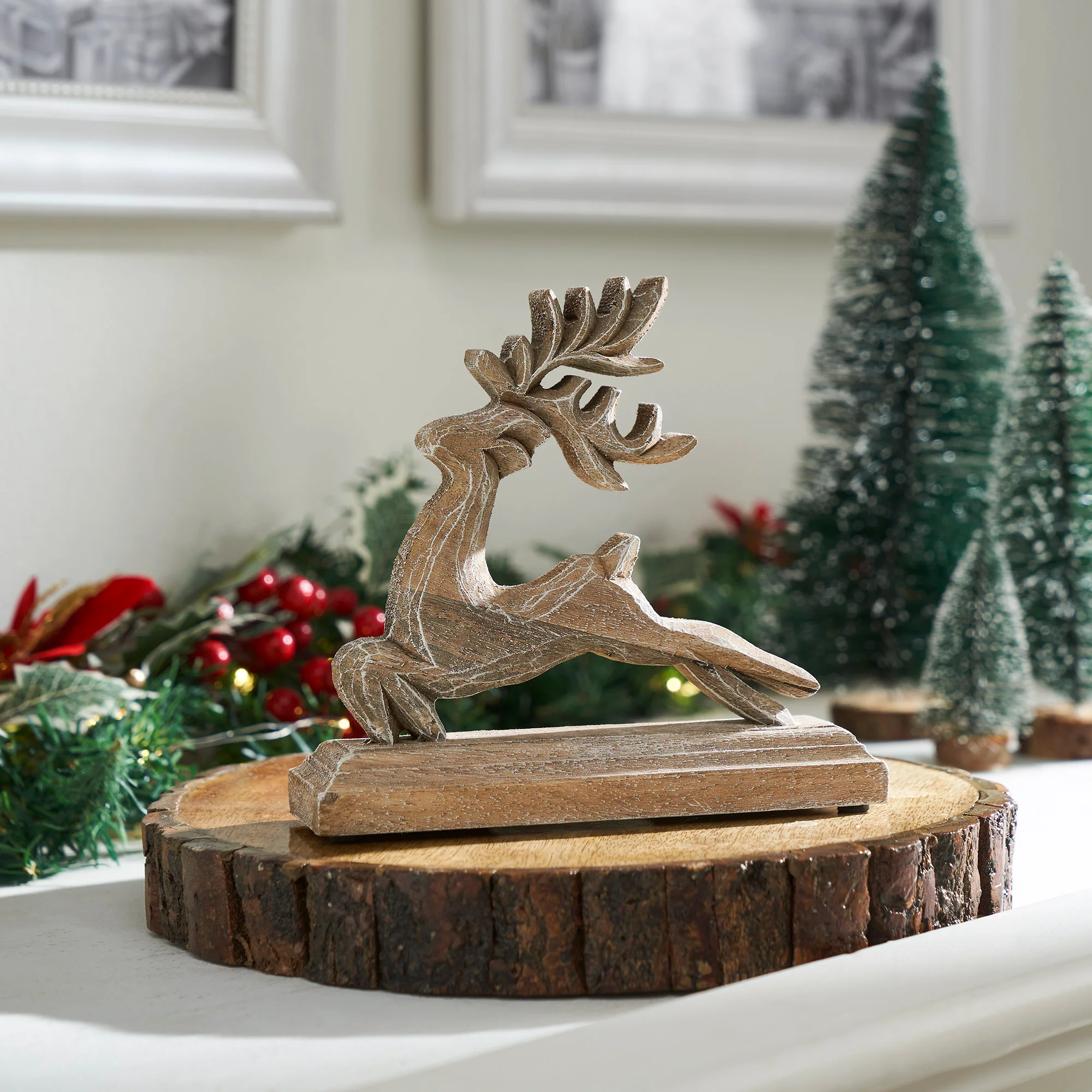 Feathered Finish Wooden Reindeer Figure