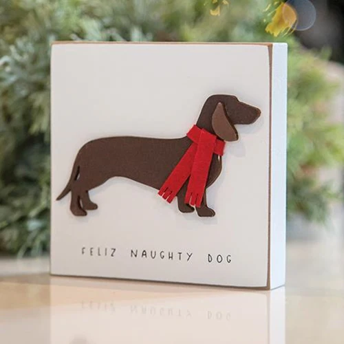 Feliz Naughty Dog Dachshund 4" Wood Block