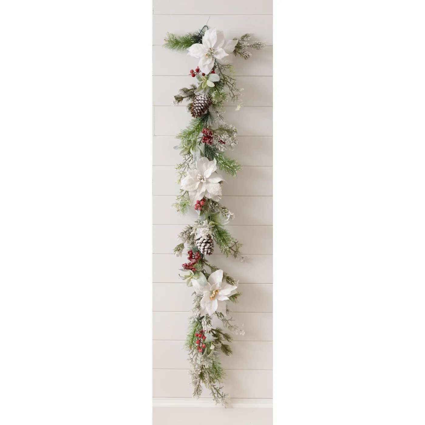 Flocked Evergreens And White Poinsettias 60" Faux Garland