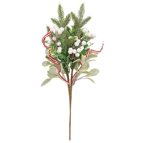 Flocked Lamb's Ear with White Berries & Peppermint Ribbon 16" Spray