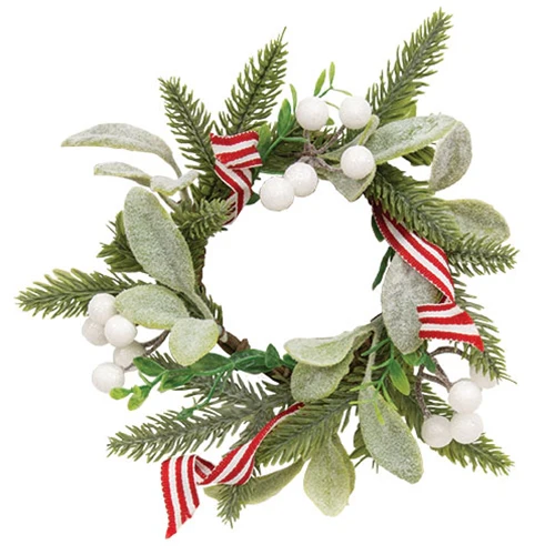 Flocked Lamb's Ear with White Berries & Peppermint Ribbon 8" Ring