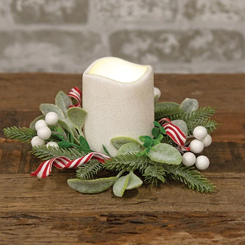 Flocked Lamb's Ear with White Berries & Peppermint Ribbon 8" Ring - Image 2