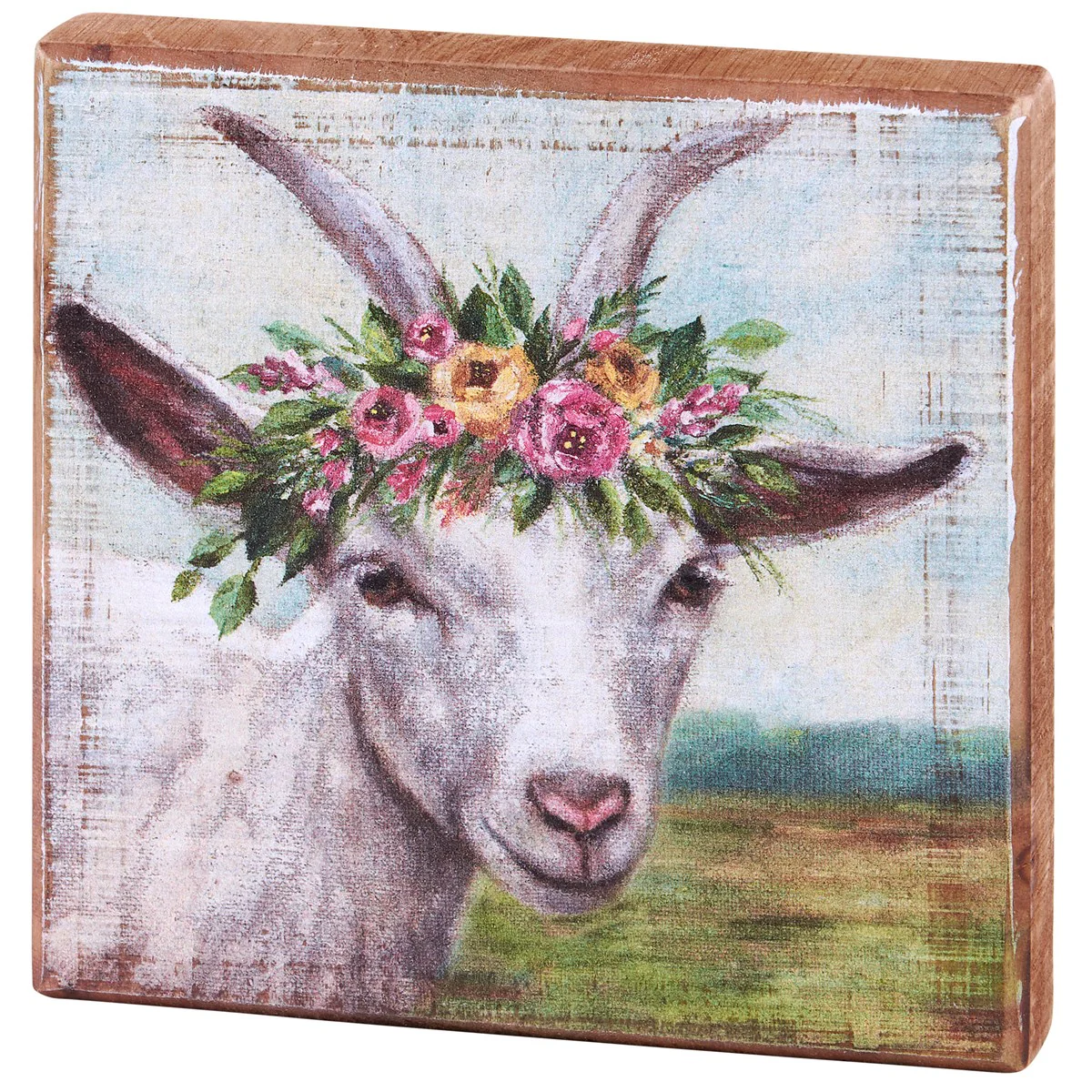 ๐ Floral Crown Goat 6" Wooden Block Sign