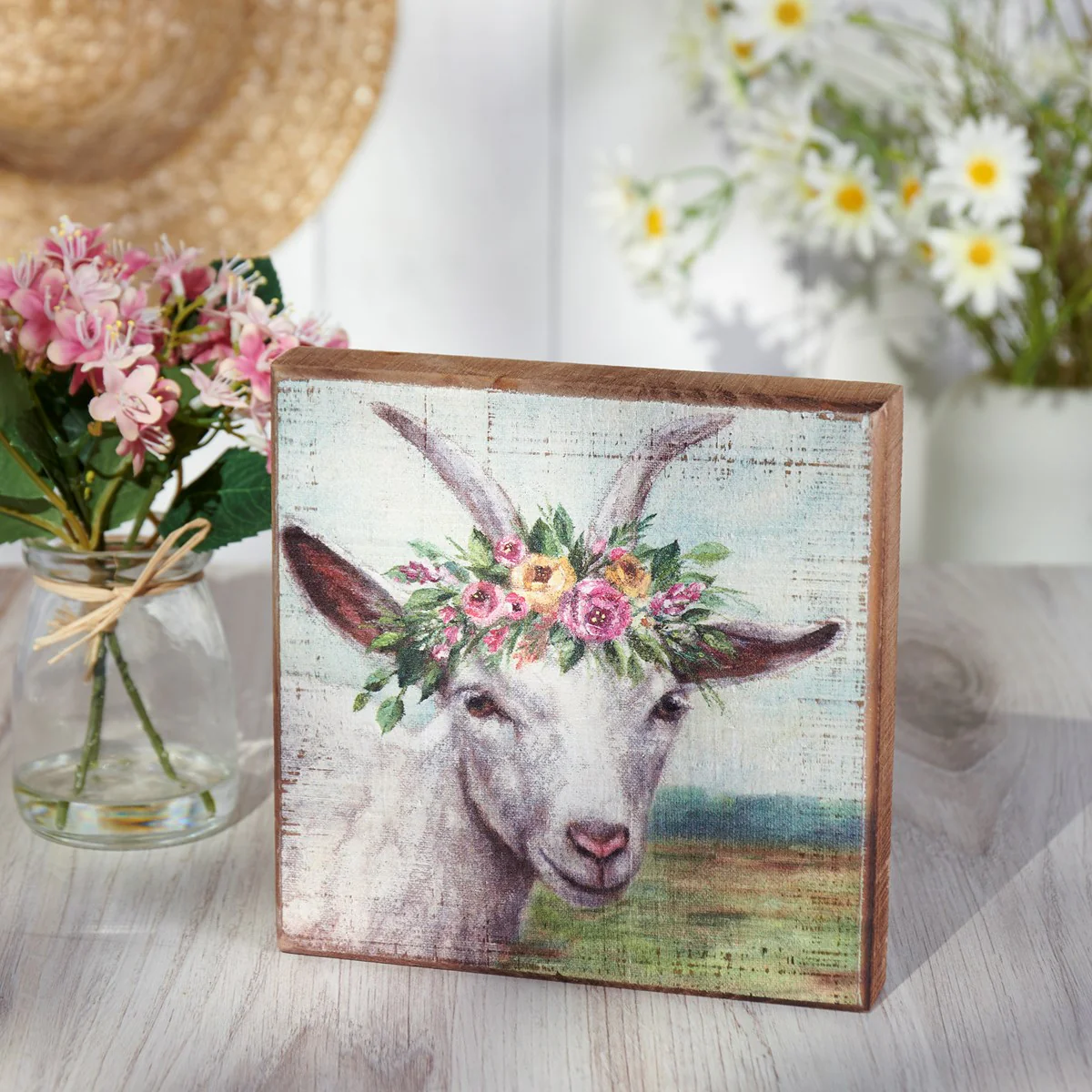 ๐ Floral Crown Goat 6" Wooden Block Sign - Image 3