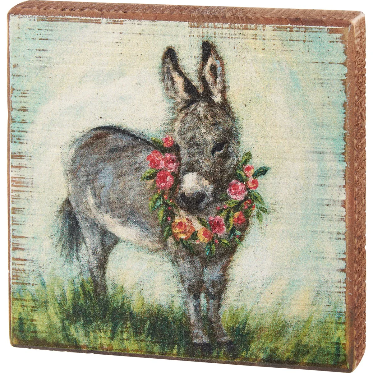 Floral Donkey 5" Small Wooden Block Sign
