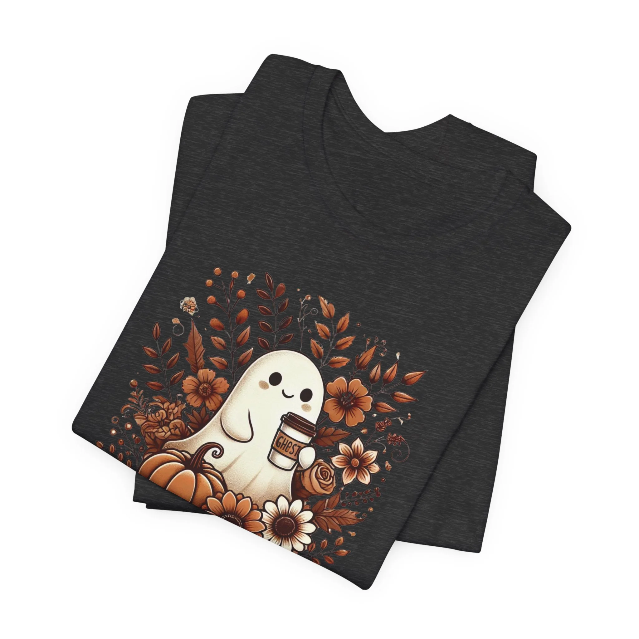 Floral Ghost With Coffee Halloween T-Shirt - Image 3