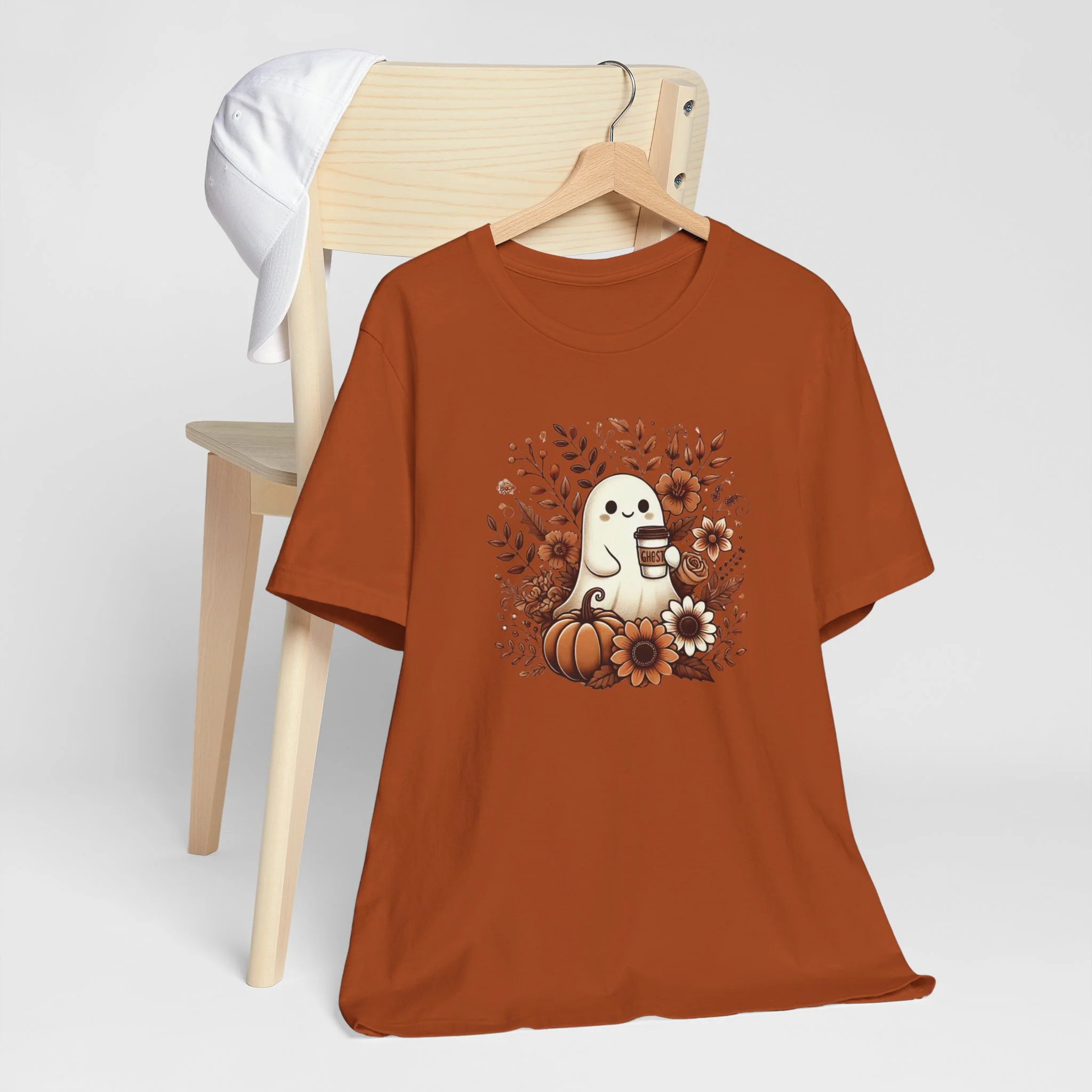 Floral Ghost With Coffee Halloween T-Shirt - Image 4