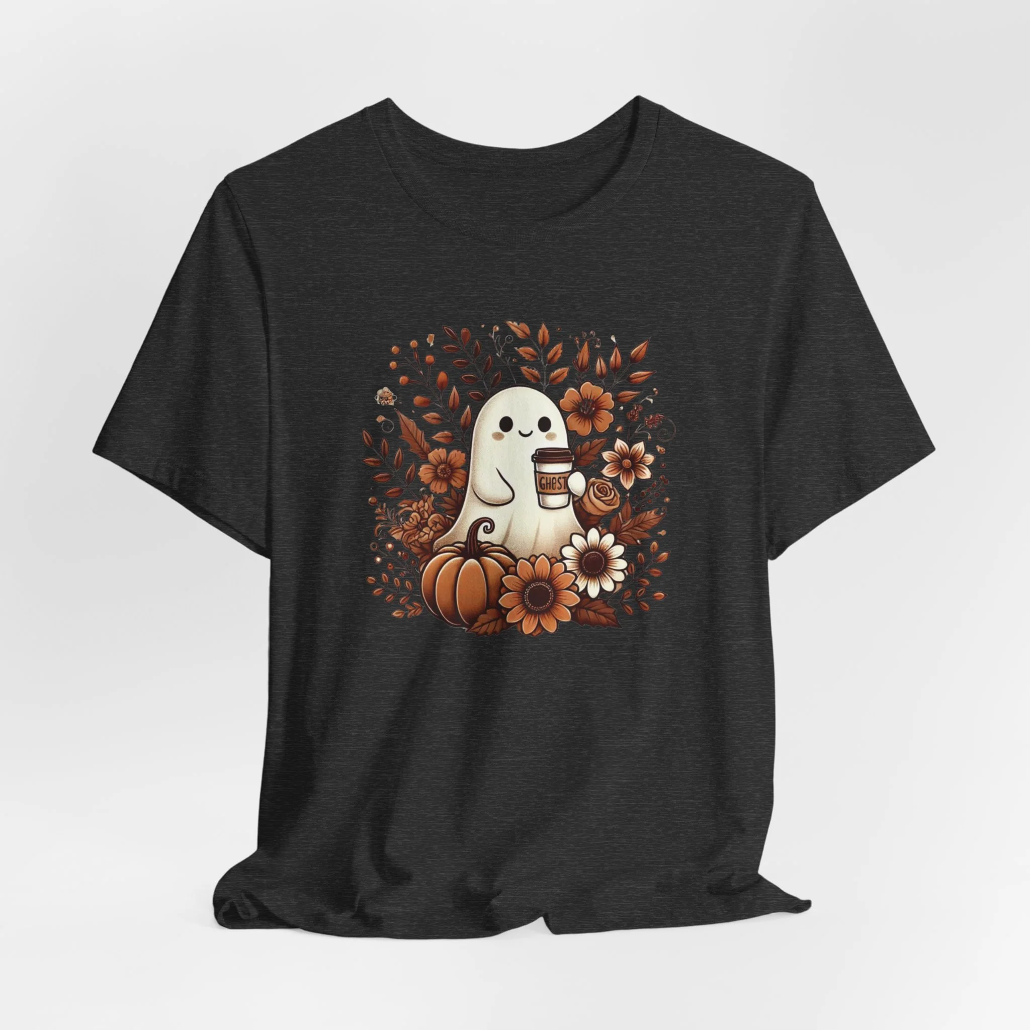Floral Ghost With Coffee Halloween T-Shirt - Image 5