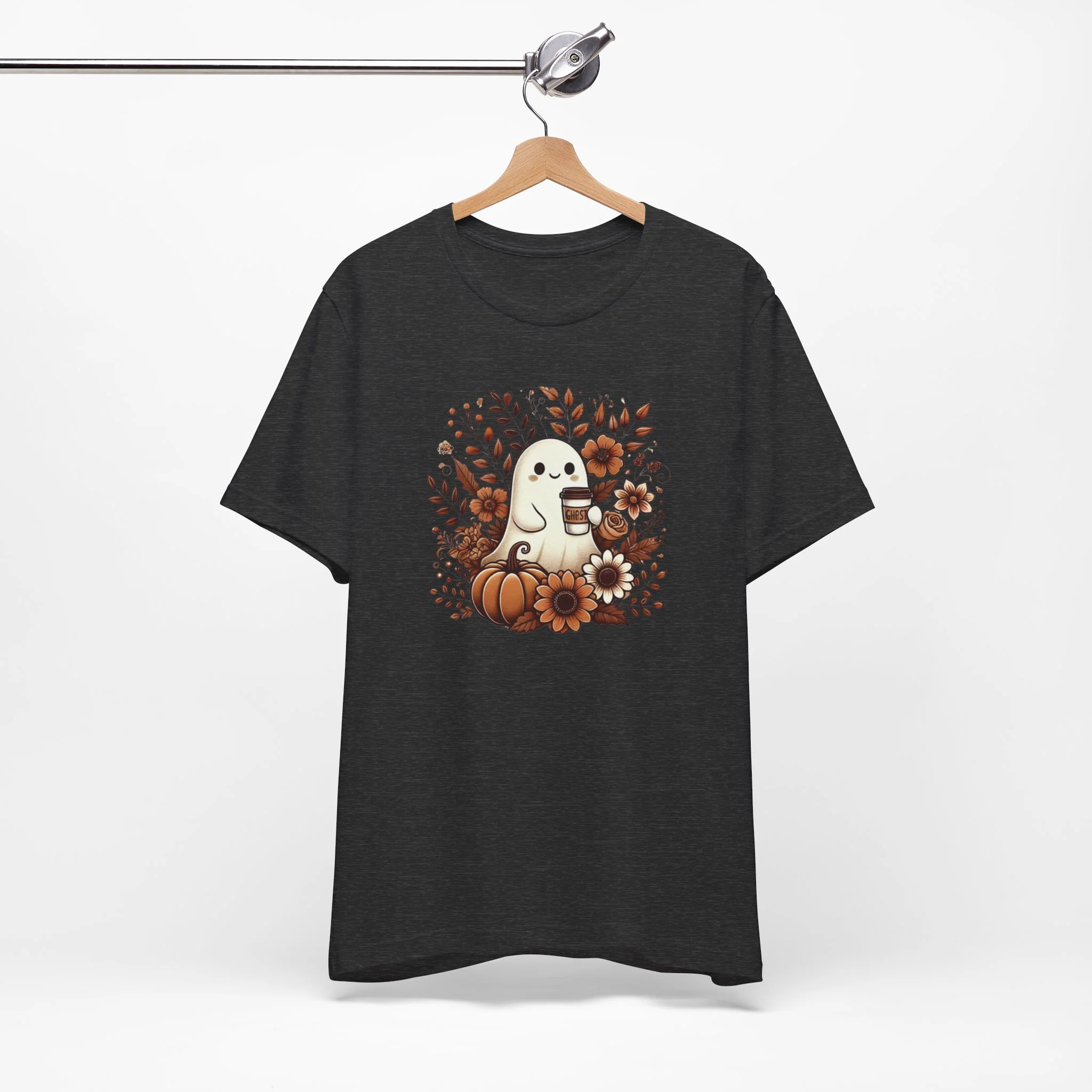 Floral Ghost With Coffee Halloween T-Shirt - Image 6