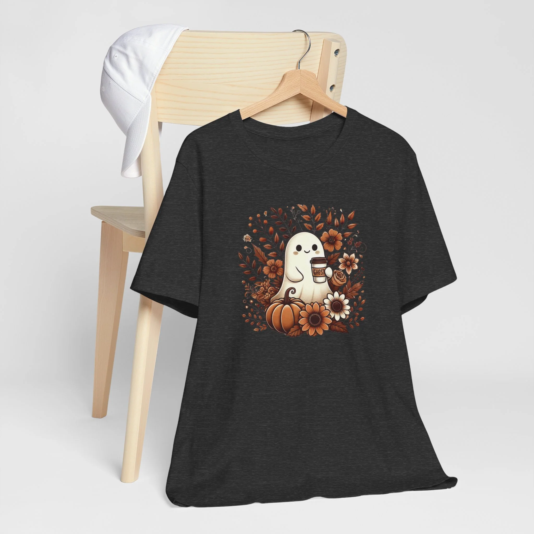 Floral Ghost With Coffee Halloween T-Shirt - Image 7