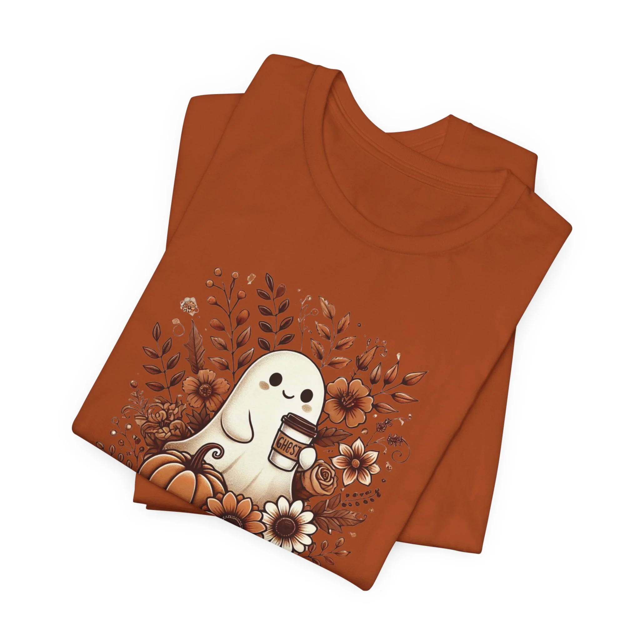 Floral Ghost With Coffee Halloween T-Shirt - Image 8