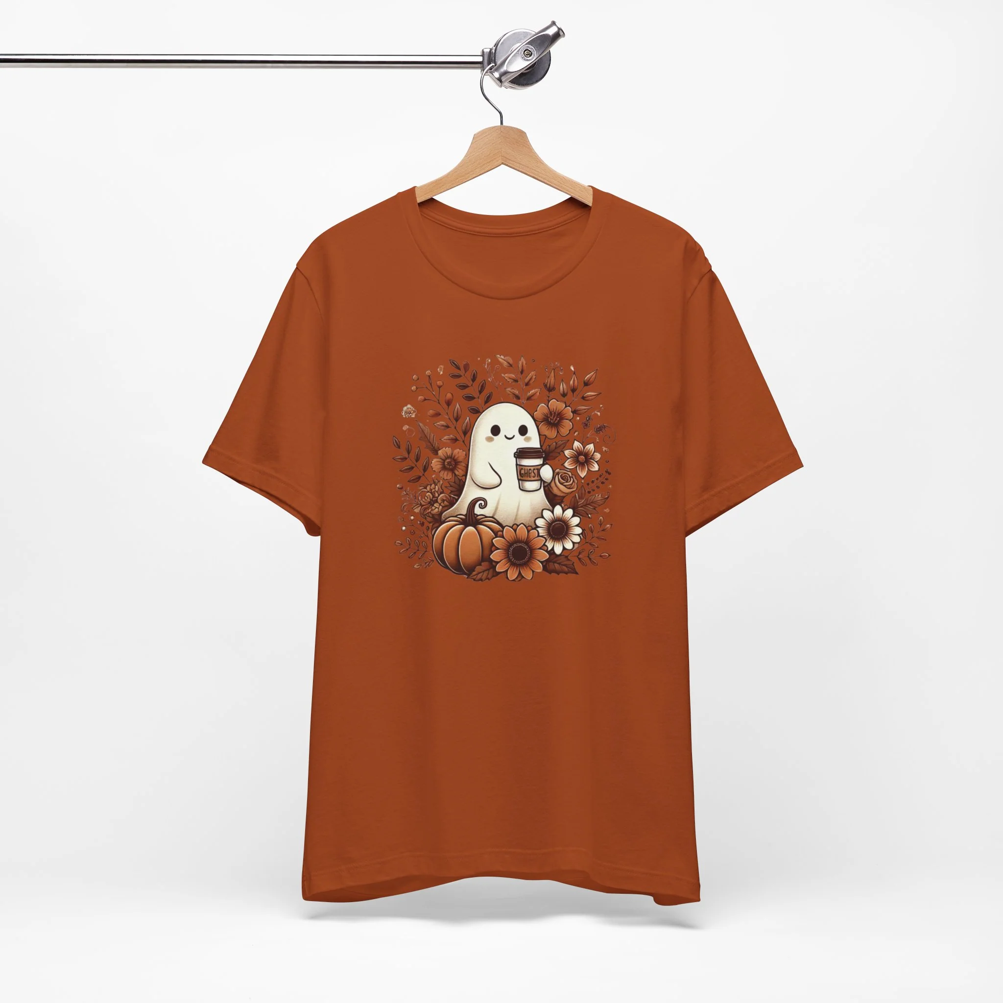 Floral Ghost With Coffee Halloween T-Shirt - Image 9