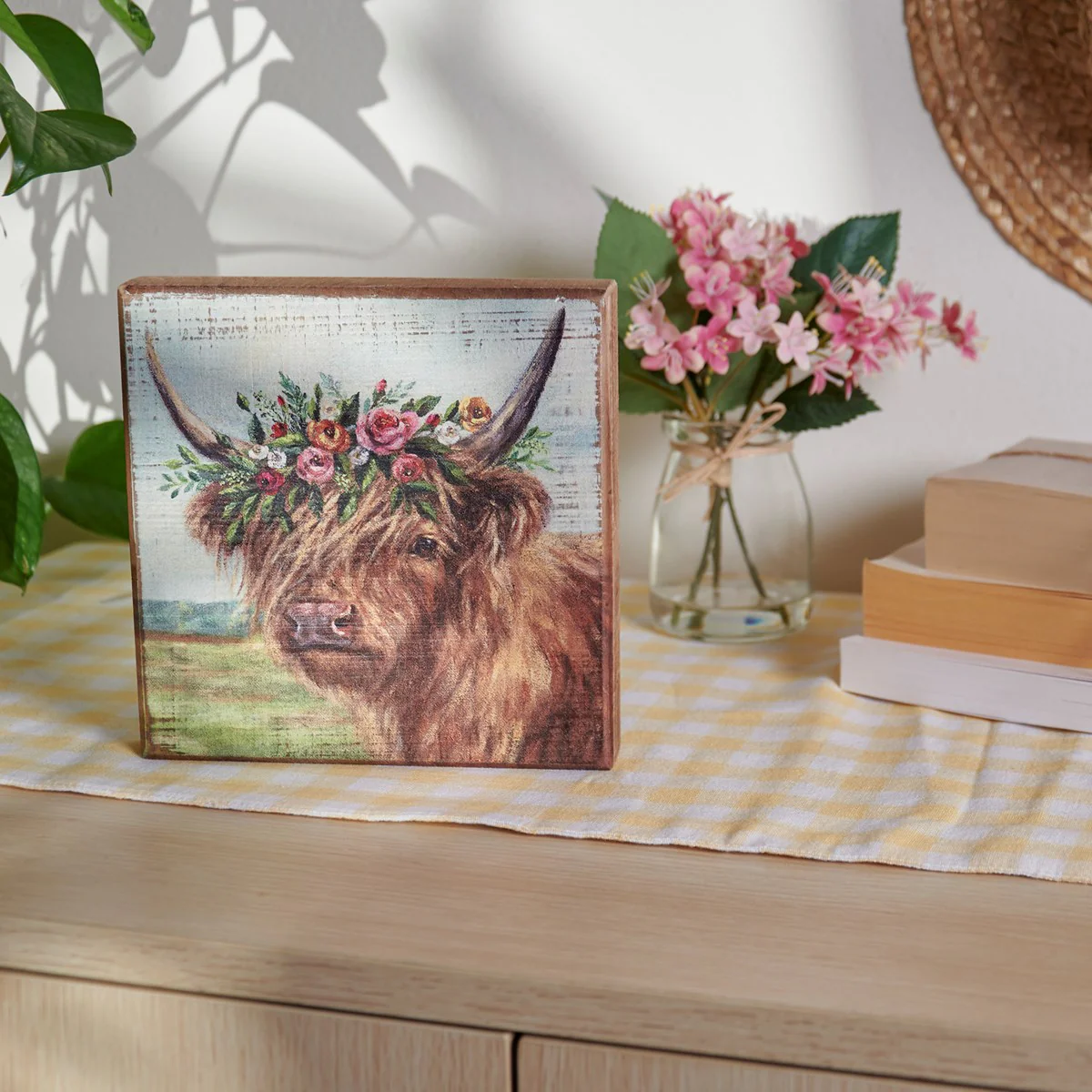 Floral Highland Cow 6" Wooden Block Sign - Image 2