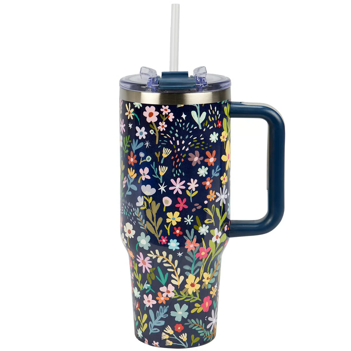 Floral Meadow Stainless Steel Travel Tumbler with Handle and Straw