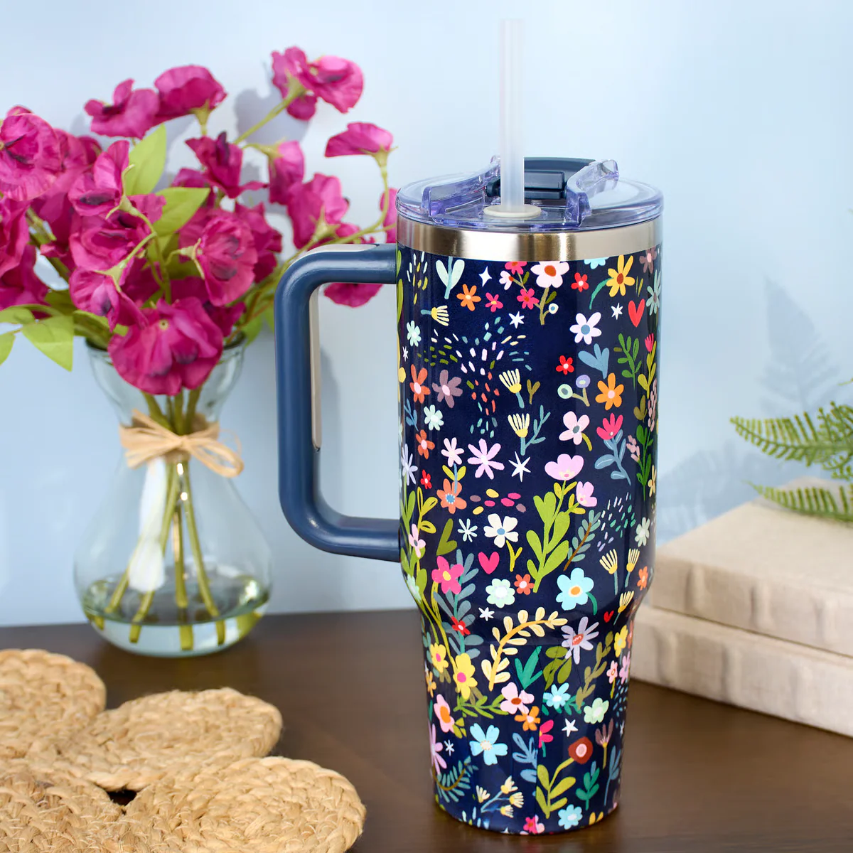 Floral Meadow Stainless Steel Travel Tumbler with Handle and Straw - Image 4