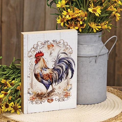 Floral Rooster 8" Wooden Block Sign