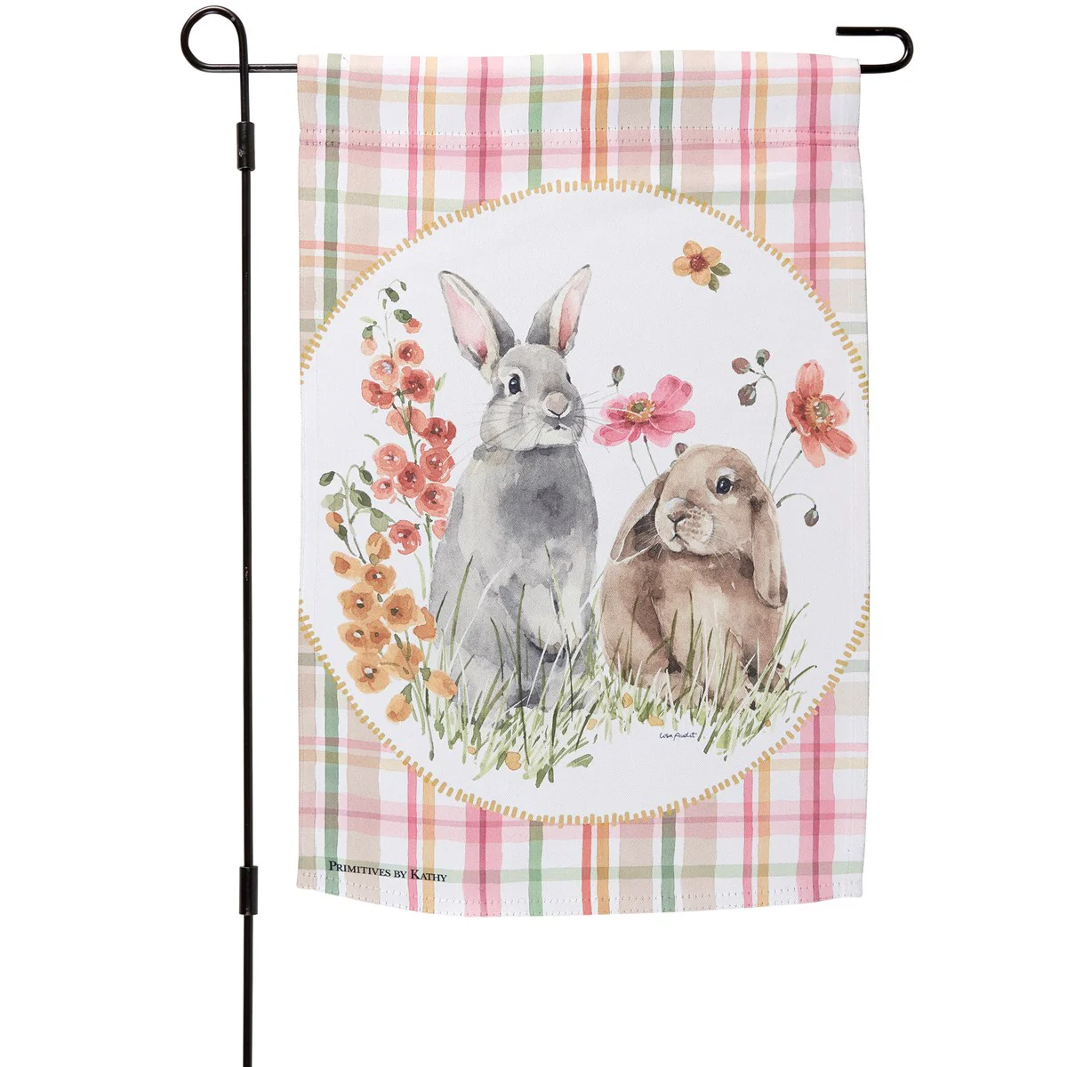 ๐ Flower Bunnies Plaid Garden Flag