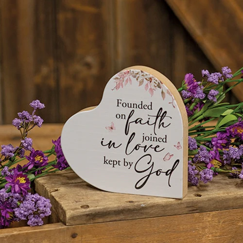 Founded on Faith Heart 5" Wooden Block Sign