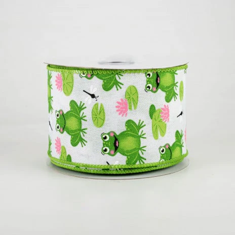 Frogs and Lily Pads on White Ribbon 2.5" x 10 yards