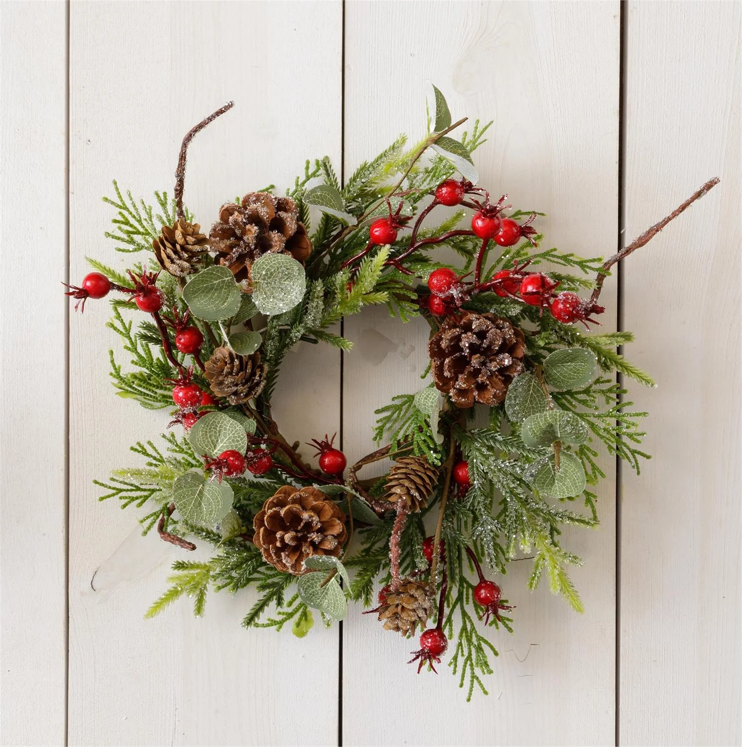 Frosted Evergreens and Berries 10" Faux Evergreen Ring