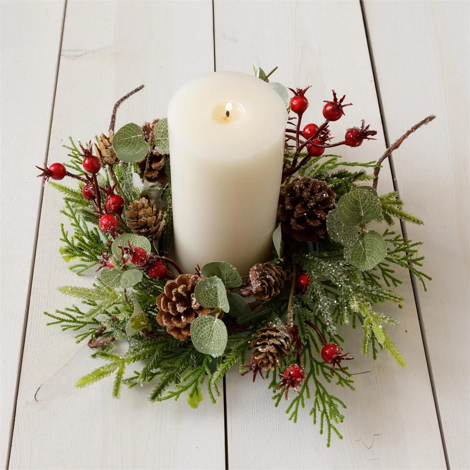 Frosted Evergreens and Berries 10" Faux Evergreen Ring - Image 2