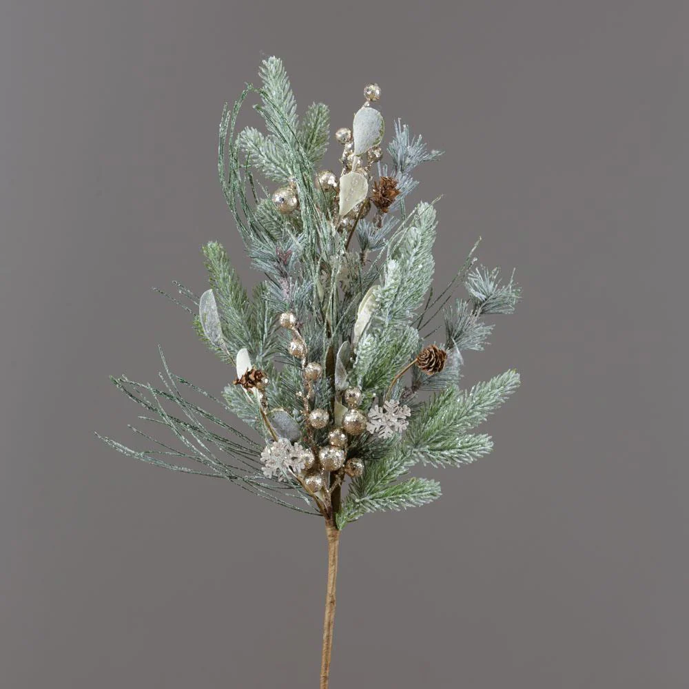 Frosted Evergreens and Berries with Snowflakes 25" Faux Evergreen Branch