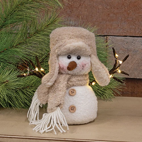 ๐ Fuzzy Plush Trapper Hat Snowman with LED Lighted Twig Arms 8" H