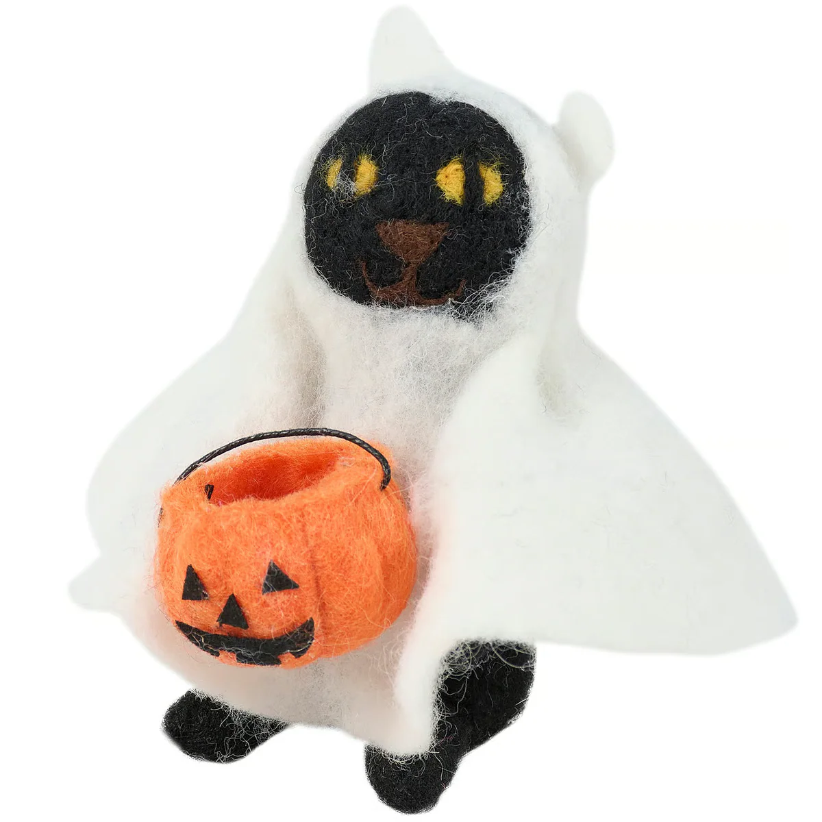💙 Ghost Cat with Pumpkin Trick or Treat Bucket Felt Critter