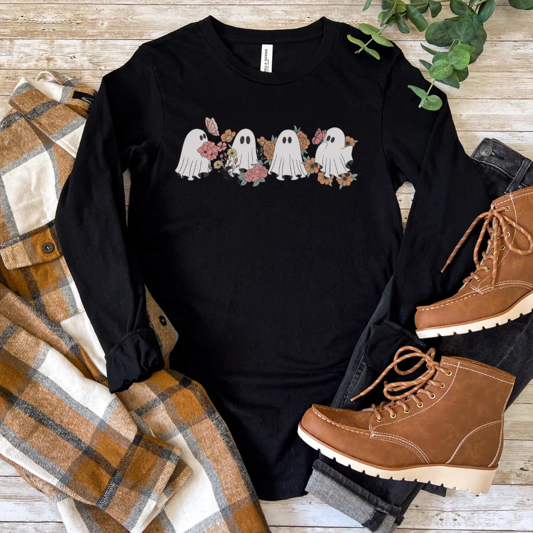 ๐ Ghostly Flowers Long Sleeve Halloween Cozy T-Shirt - Image 5
