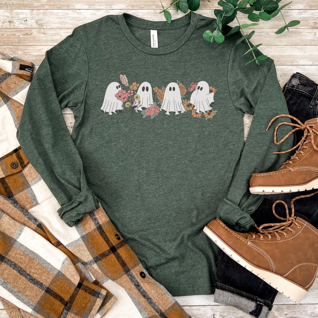 ๐ Ghostly Flowers Long Sleeve Halloween Cozy T-Shirt - Image 6
