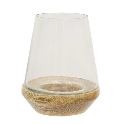 Glass Candle Holder with Wooden Base 5" H