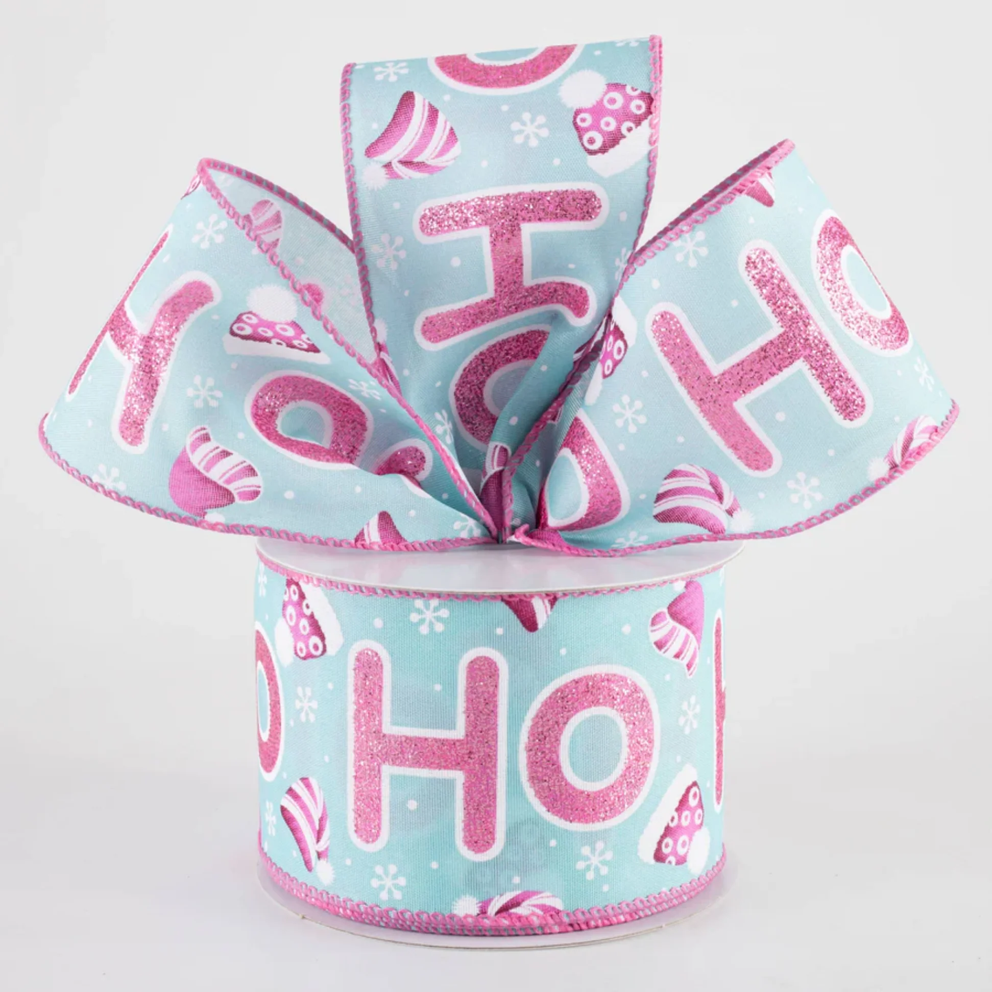 ๐ Glitter Ho Ho Ho and Hats Pink and Blue Christmas Ribbon 2.5" x 10 Yards