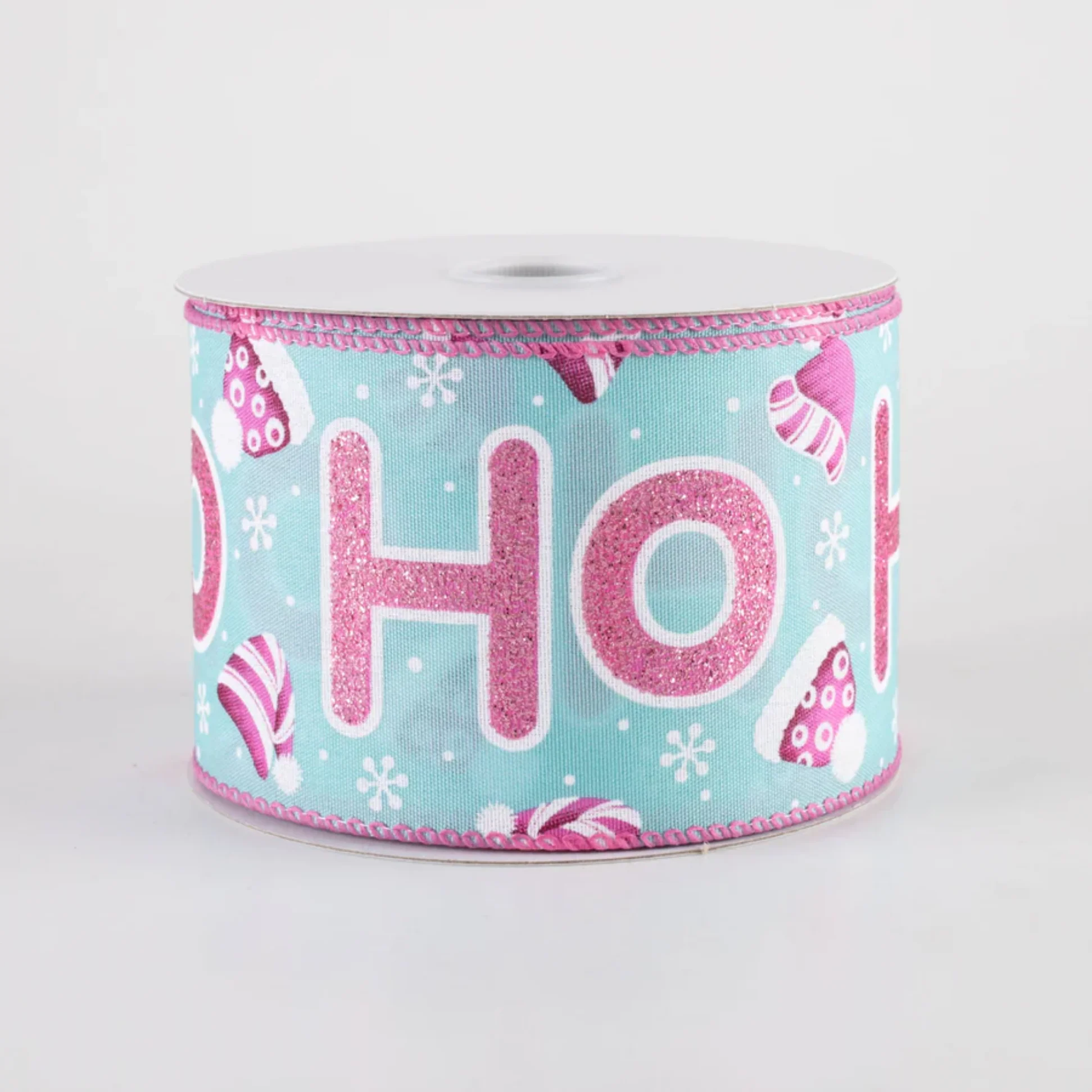 ๐ Glitter Ho Ho Ho and Hats Pink and Blue Christmas Ribbon 2.5" x 10 Yards - Image 2