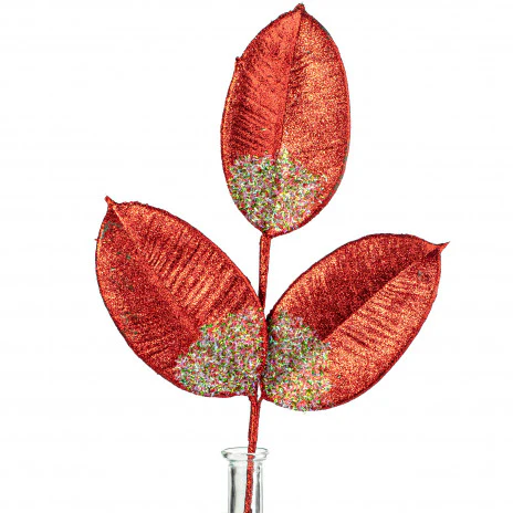 💙 Glitter Red Magnolia Leaves 18" Faux Foliage Spray