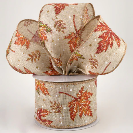 Glittered Fall Leaves & Snow Flurries Ribbon 2.5" x 10 yards - Image 2