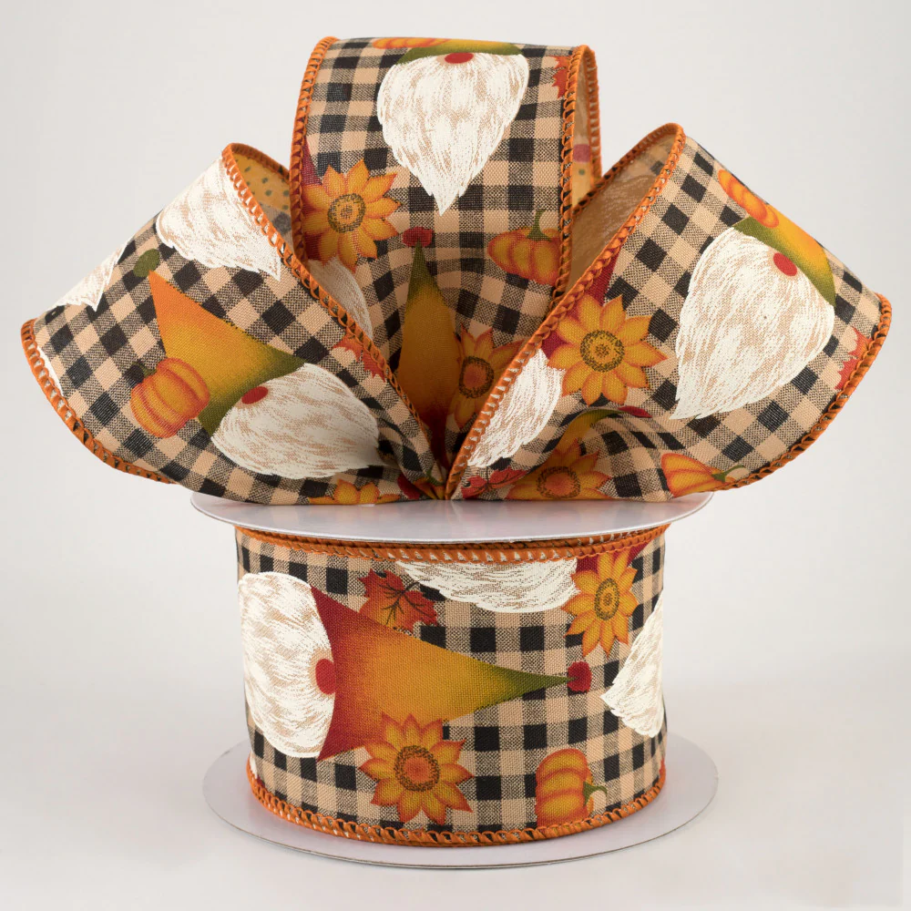 💙 Gnome & Pumpkins On Tan Check Ribbon 2.5" x 10 yards - Image 2