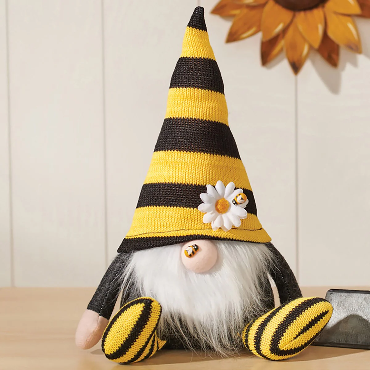 Gnome With Bee Black and Yellow Fabric Sitter - Image 2