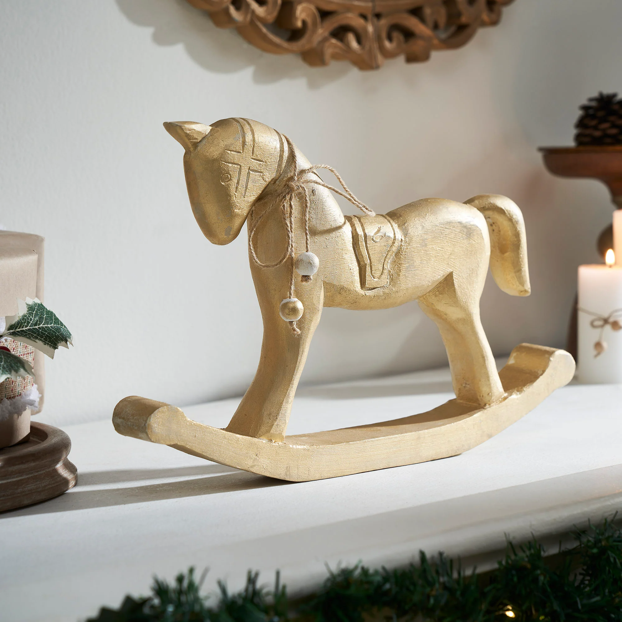 Gold Brushed Wooden Rocking Horse Figure