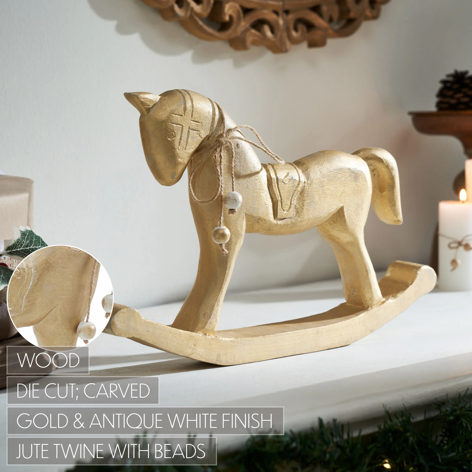 Gold Brushed Wooden Rocking Horse Figure - Image 5