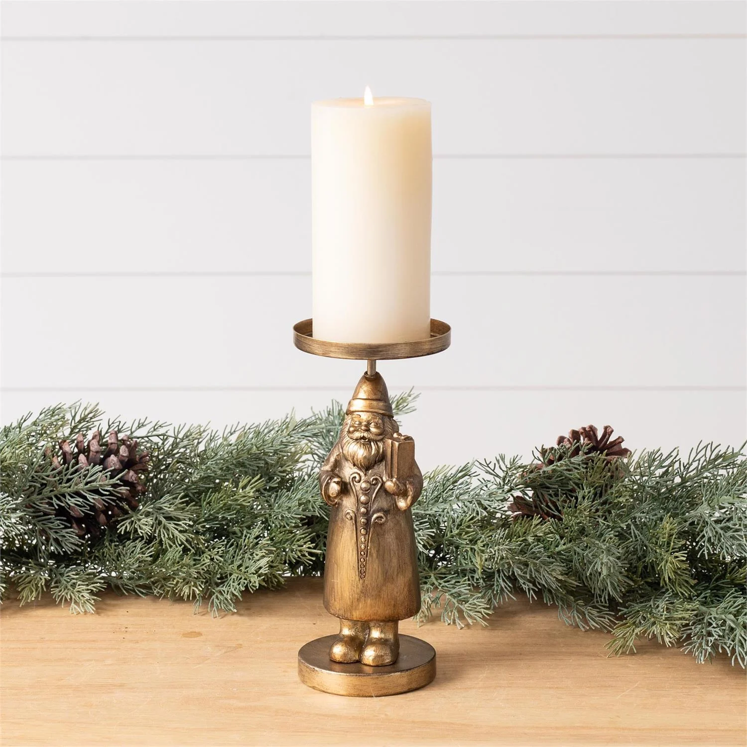 Gold Santa Figure Pillar Candle Holder