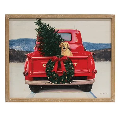 Golden Dog in Christmas Truck Wood Sign - Image 2