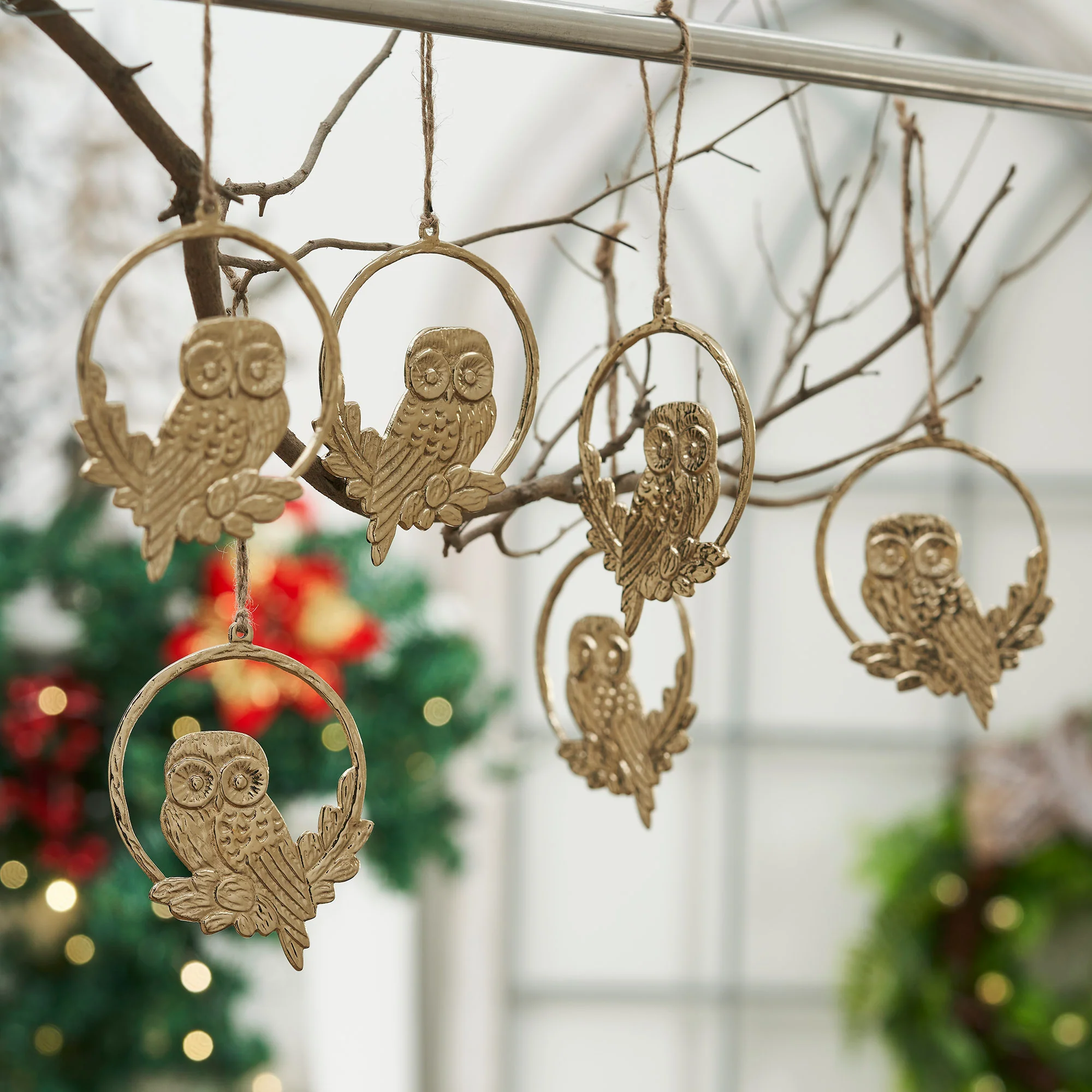 Golden Owl Metal Ornament Set of 6