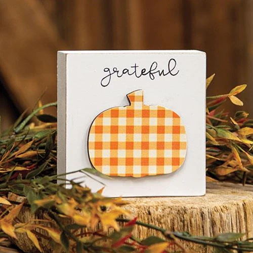 💙 Grateful Plaid Pumpkin 4" Wooden Block Sign