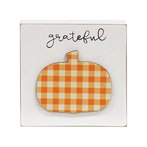 💙 Grateful Plaid Pumpkin 4" Wooden Block Sign - Image 2