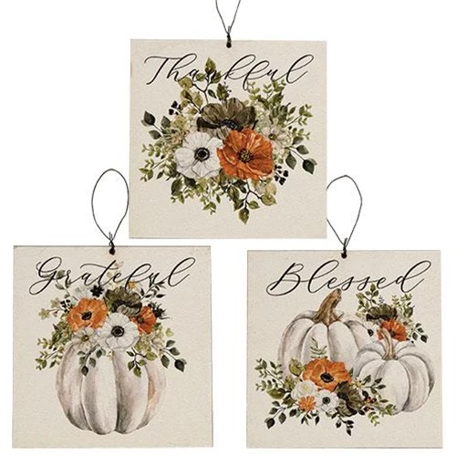 Grateful, Thankful, Blessed Pumpkin Square Ornaments Set of 3