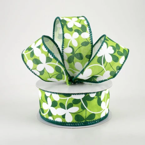 Green and White Clovers St Patrick's Day Ribbon 1.5" x 10 yards - Image 2