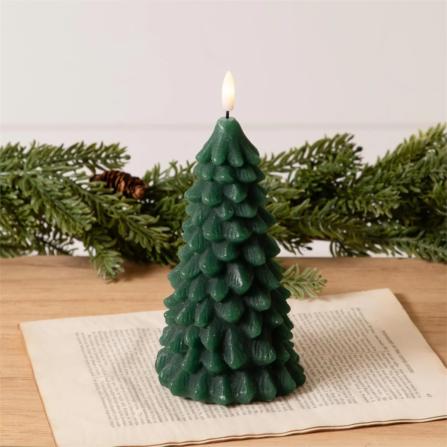 Green Christmas Tree LED Candle 9" H